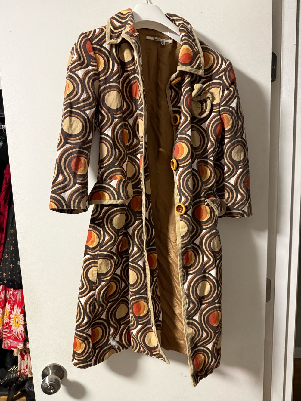 Zara Retro Circle-Print Trench Coat in Brown, Tan & Orange